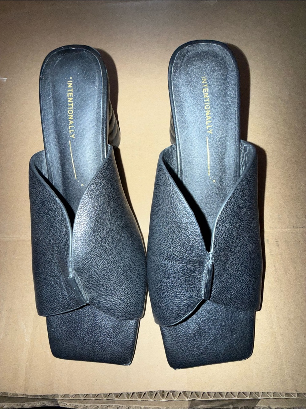 Intentionally Blank Kamika Heels, black leather crisscross upper and square toe